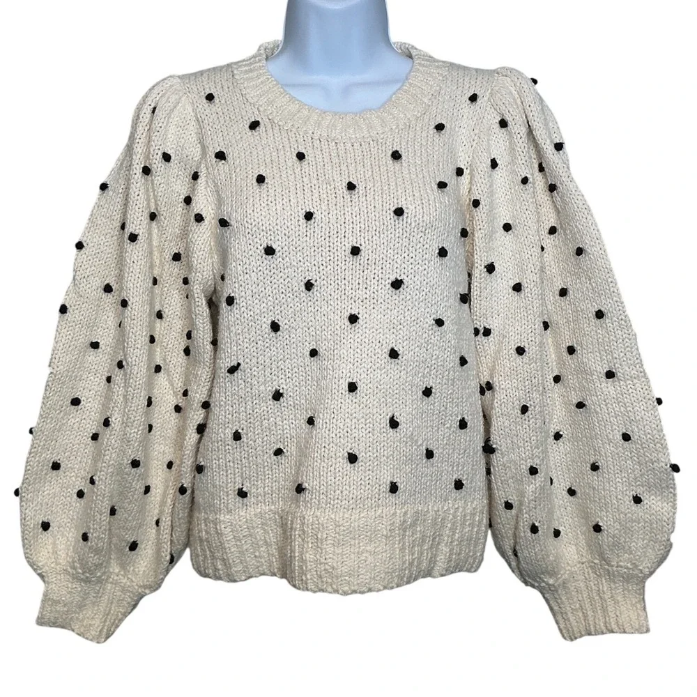ULLA JOHNSON Womens Adalene Cream Black Pom Pom Puff Sleeve Cotton Sweater Sz M - Picture 2 of 11